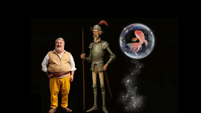 Don Quijote y Sancho Panza Personaje grande con armadura y un bufón a su lado, junto a un globo iluminado.